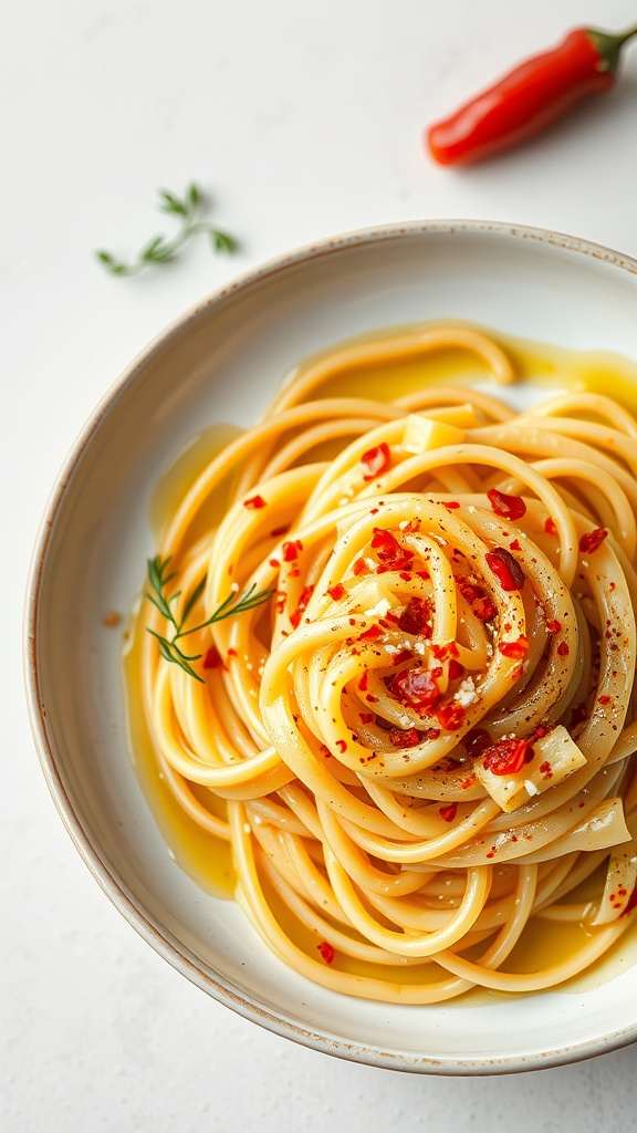 A plate of Pasta Aglio e Olio garnished with red chili flakes and herbs.