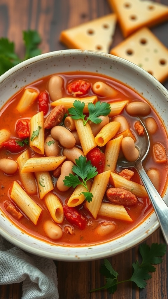 Bowl of Pasta e Fagioli with pasta and beans in a rich tomato broth