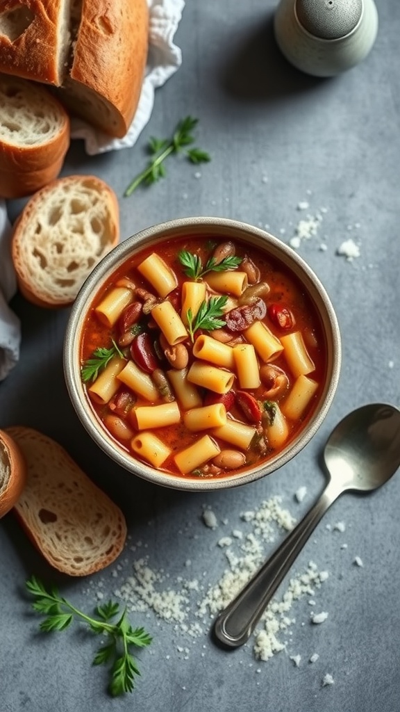 A bowl of Pasta e Fagioli with bread on the side