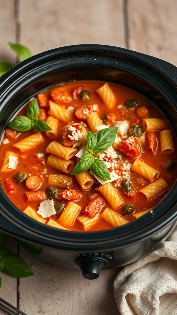 A bowl of Pasta Fagioli in a crockpot with pasta, beans, and fresh basil.