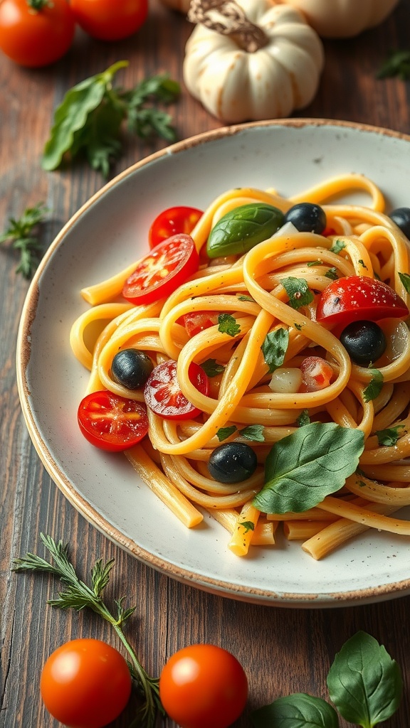 A plate of pasta primavera with colorful vegetables