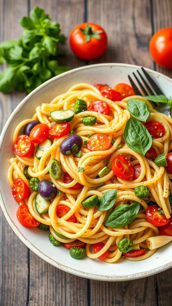 A bowl of Pasta Primavera with fresh vegetables