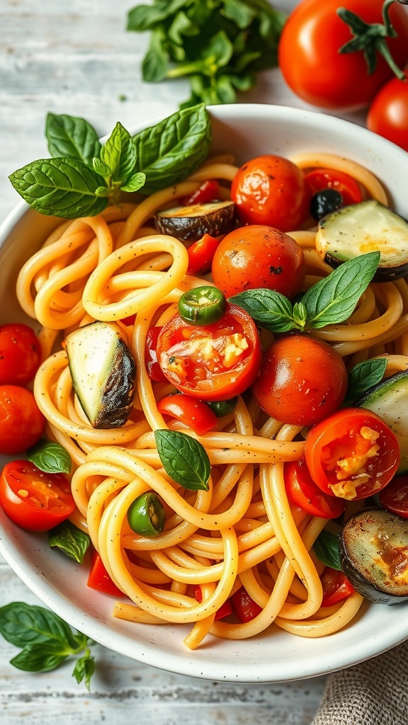 A bowl of Pasta Primavera with fresh vegetables