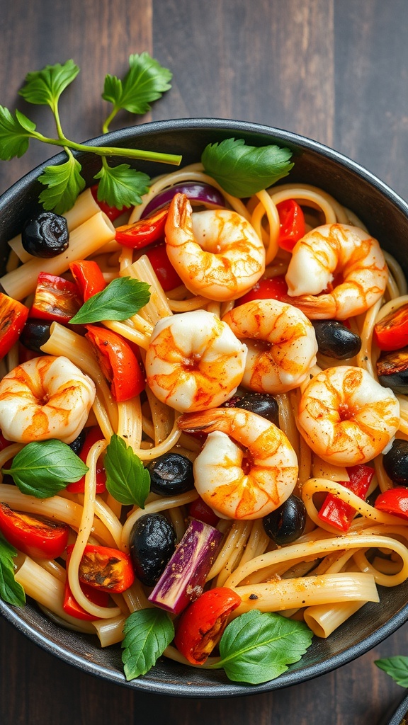 A bowl of Pasta Primavera with grilled shrimp and colorful vegetables.