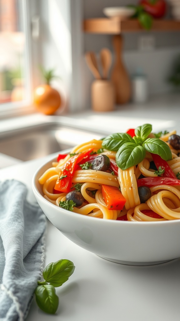 A bowl of Pasta Primavera garnished with basil, showcasing colorful vegetables.