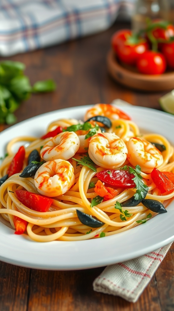 A delicious plate of pasta primavera with shrimp, featuring colorful vegetables and a light sauce.