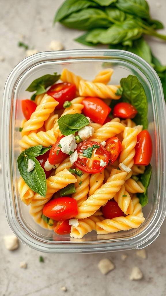 A close-up of a pasta salad with cherry tomatoes, spinach, and mozzarella in a glass container.