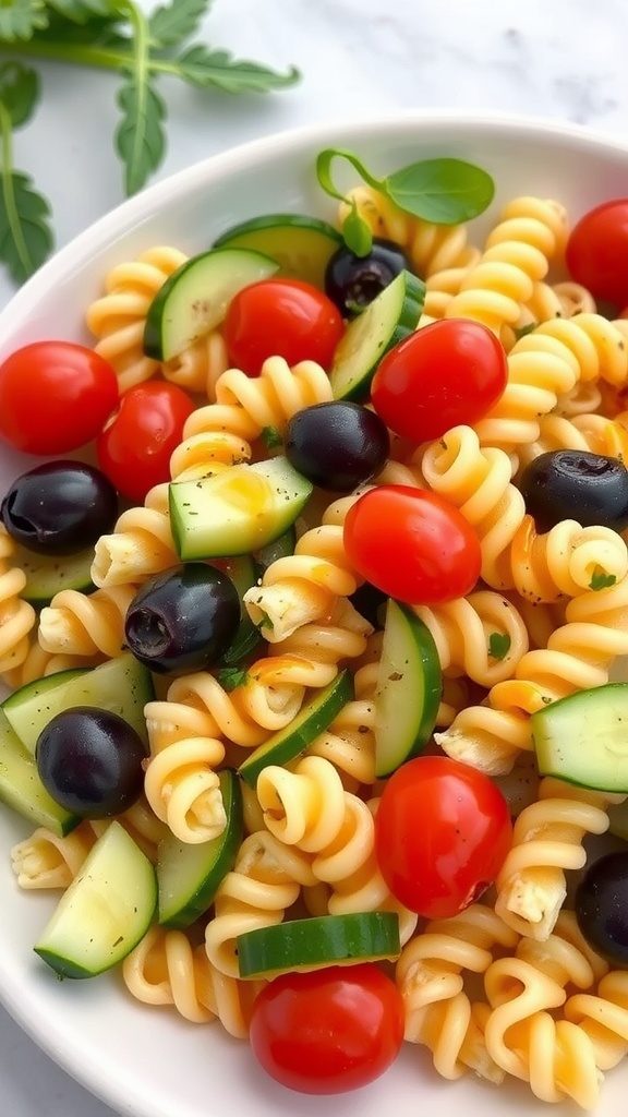 A colorful bowl of pasta salad with cherry tomatoes, cucumbers, olives, and Italian dressing