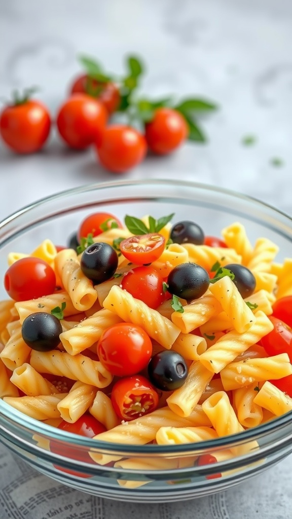 A colorful bowl of pasta salad featuring rotini pasta, cherry tomatoes, black olives, and dressed with Italian dressing.
