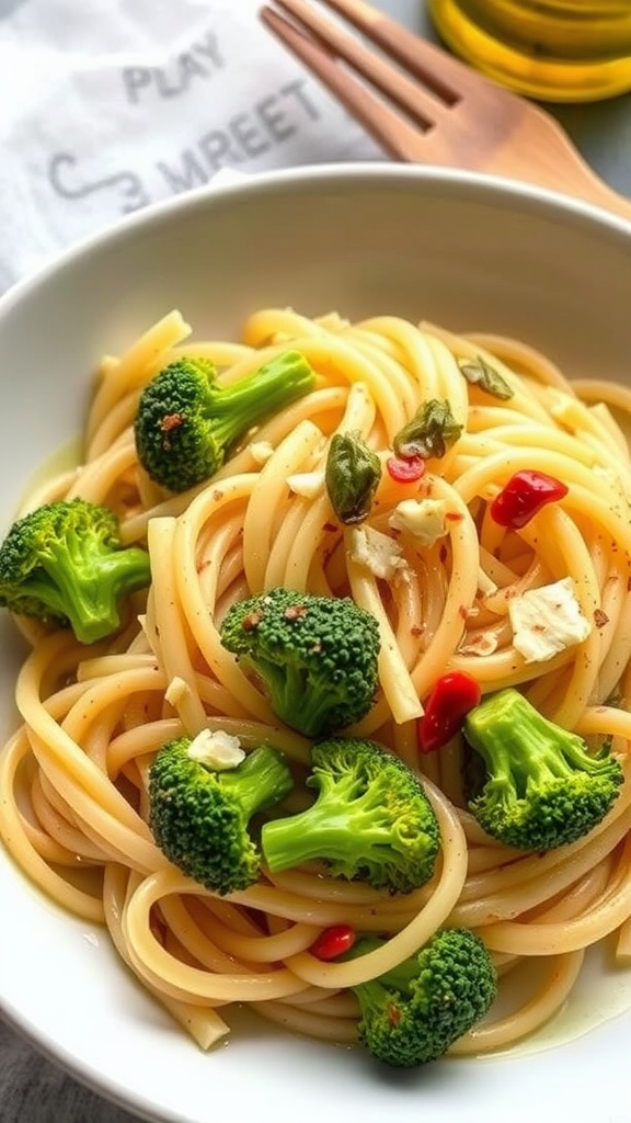 A plate of pasta with broccoli and garlic.