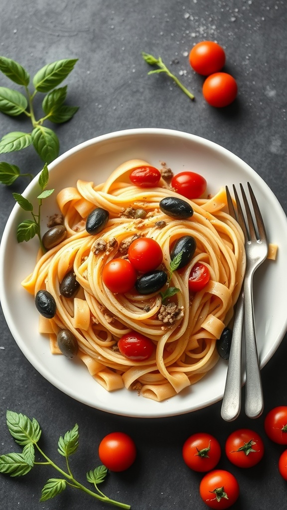 A plate of pasta with cherry tomatoes, black and green olives, and capers.