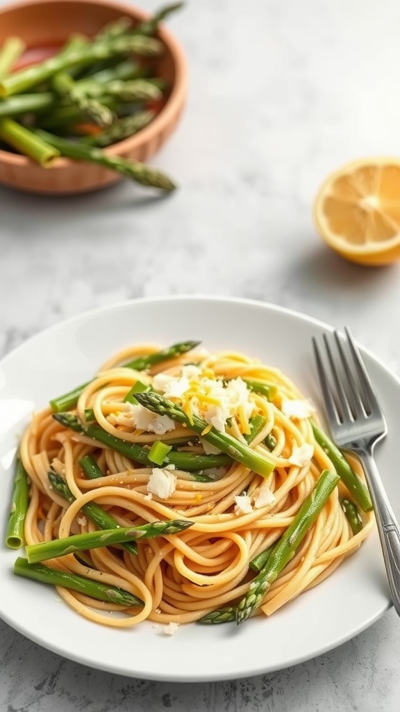 A plate of spaghetti with asparagus and lemon.