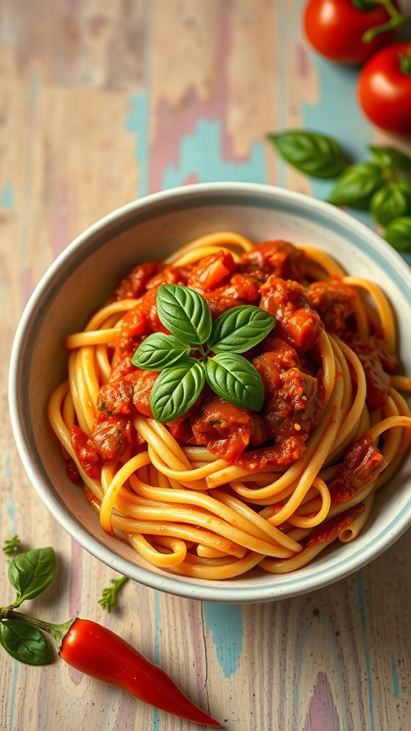 A bowl of pasta topped with roasted red pepper sauce and fresh basil.