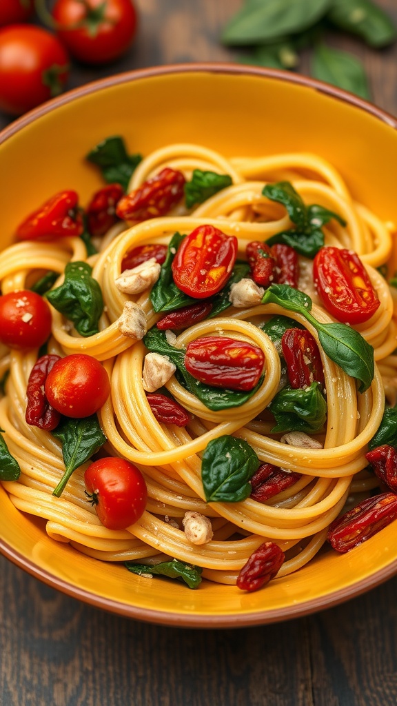 A colorful bowl of pasta with sun-dried tomatoes and spinach.