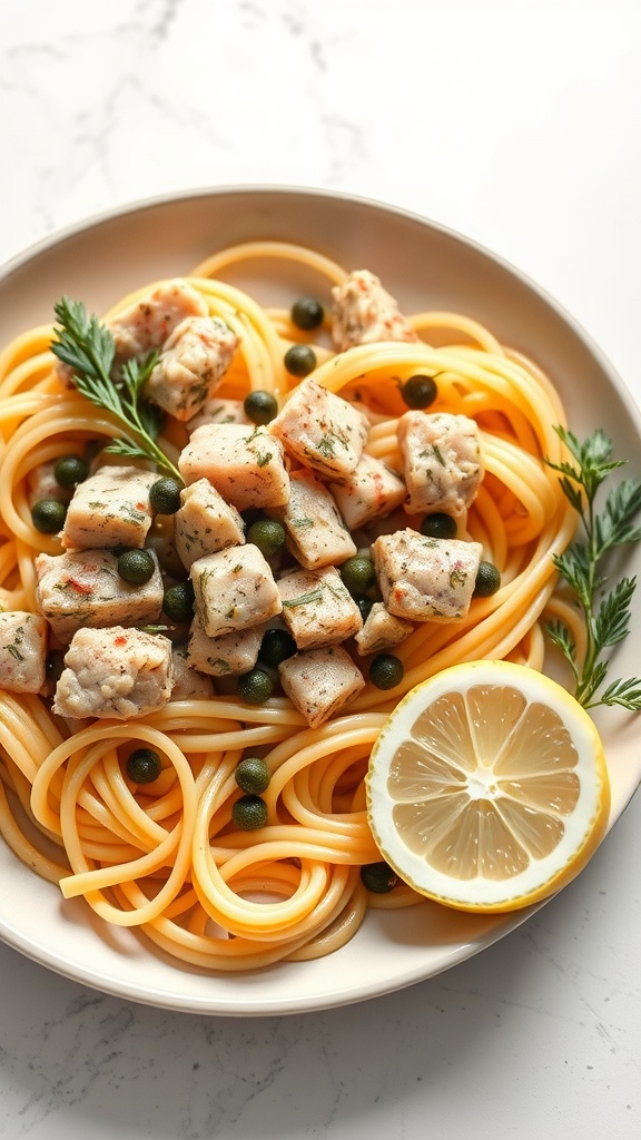 A plate of pasta with tuna, capers, and lemon