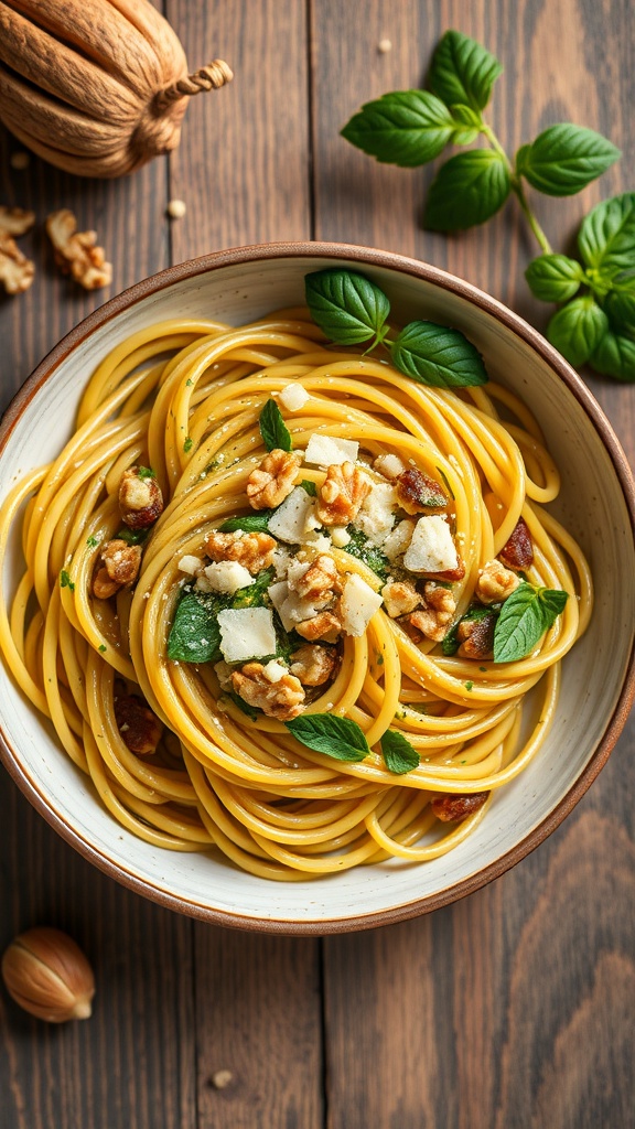 A bowl of spaghetti topped with walnut pesto, fresh basil, and walnuts.