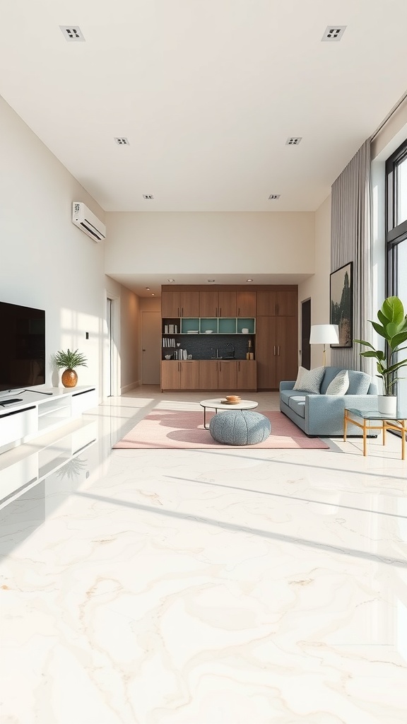 A modern living room featuring pastel colored epoxy flooring with a cozy seating area.