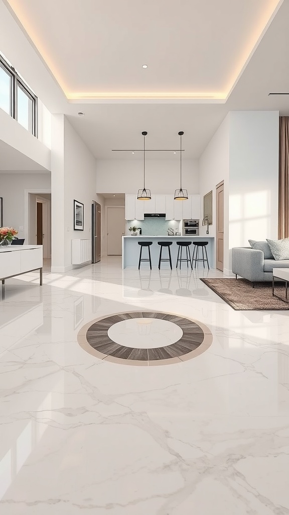 Stylish living area featuring pastel-colored epoxy floor with a glossy finish, modern kitchen setup, and bright lighting.