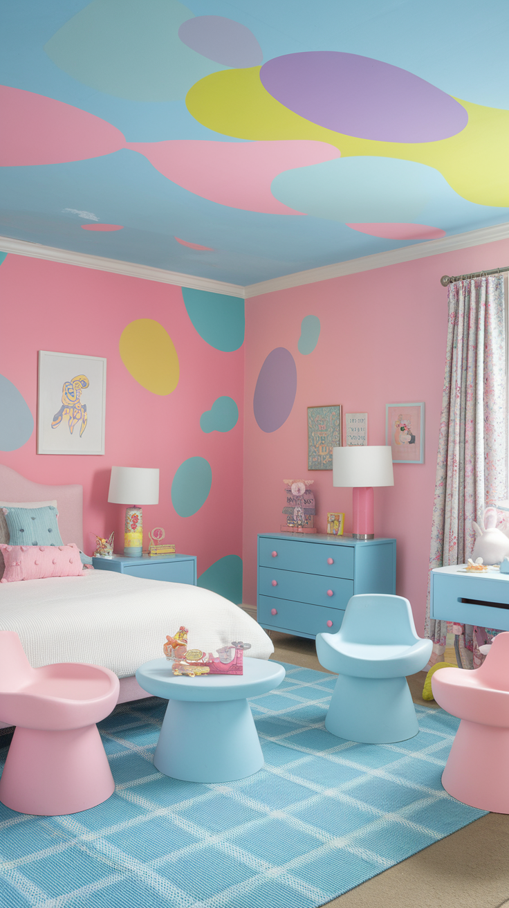 A cozy bedroom with pastel colors on the walls and a playful pastel flake epoxy floor.