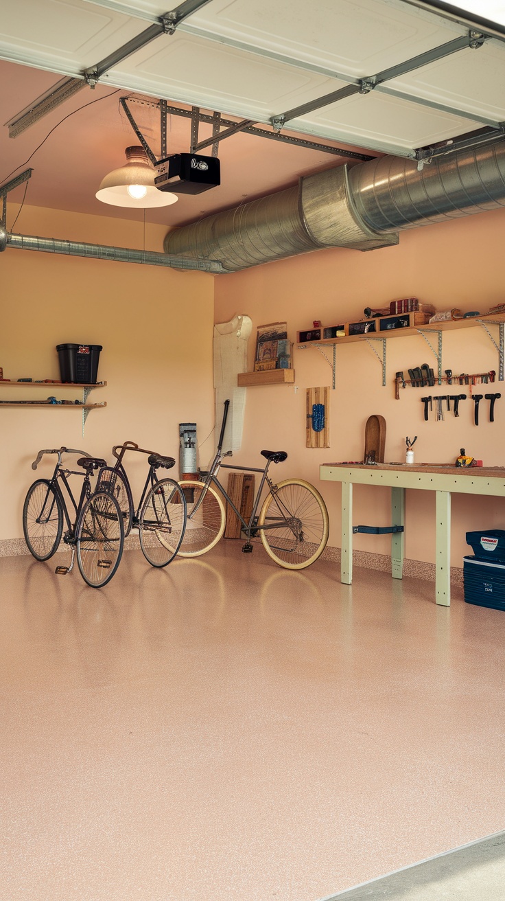 A garage with pastel flake flooring and bicycles, showcasing a stylish and inviting atmosphere.