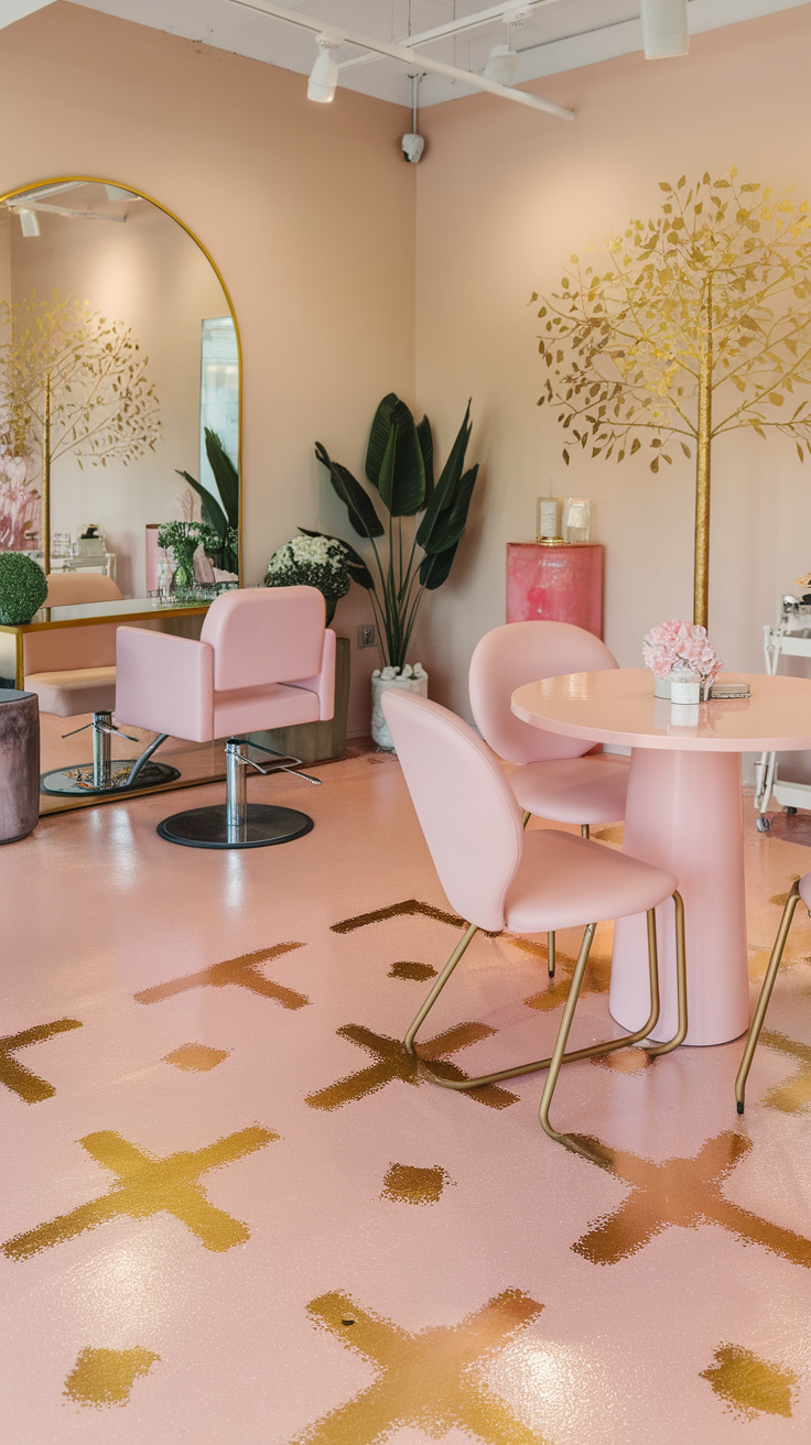 A stylish interior featuring pastel pink and gold leaf accents on the floor, with pink chairs and decor.