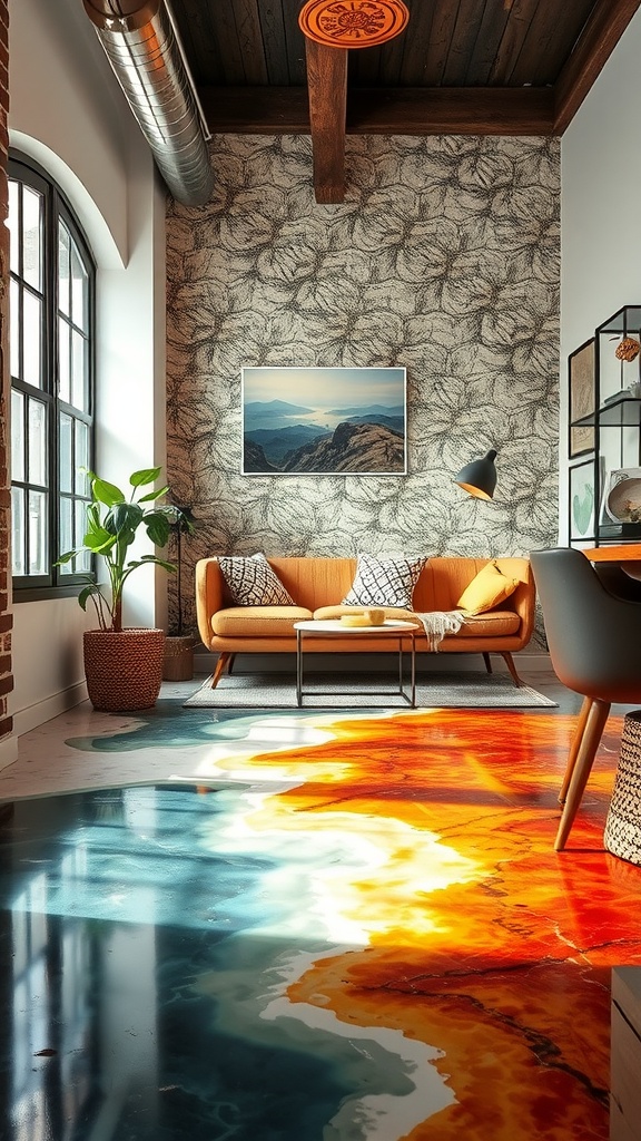 Eclectic patchwork patterned floor with bright colors and various tile designs, showcasing vibrant styles in a modern room.