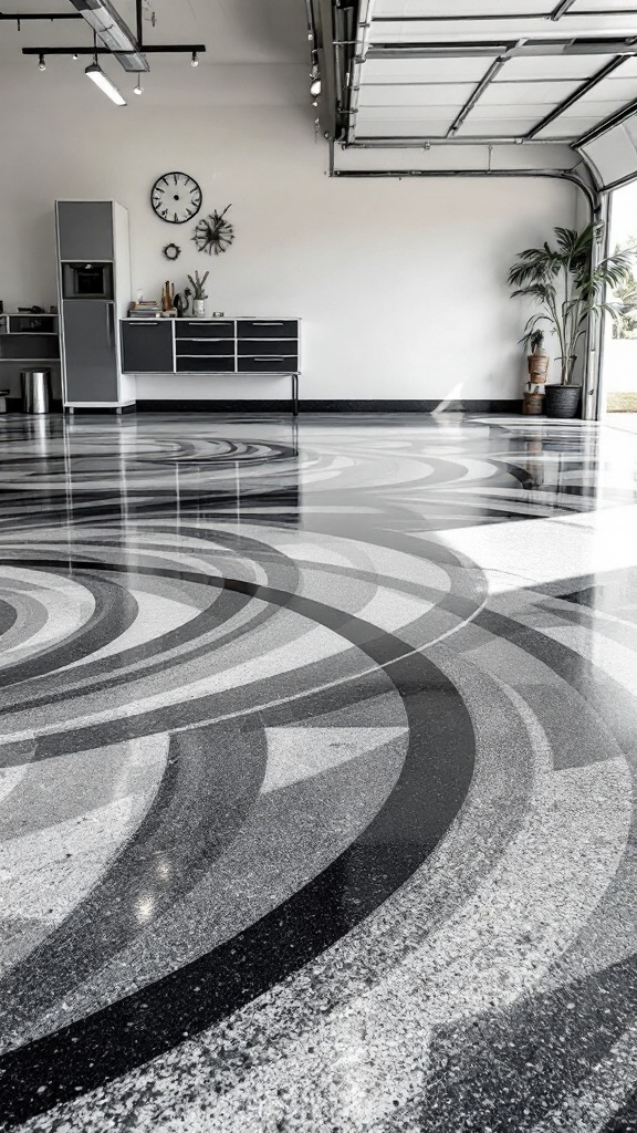 Stylish epoxy flooring with swirling black and white patterns in a spacious room.