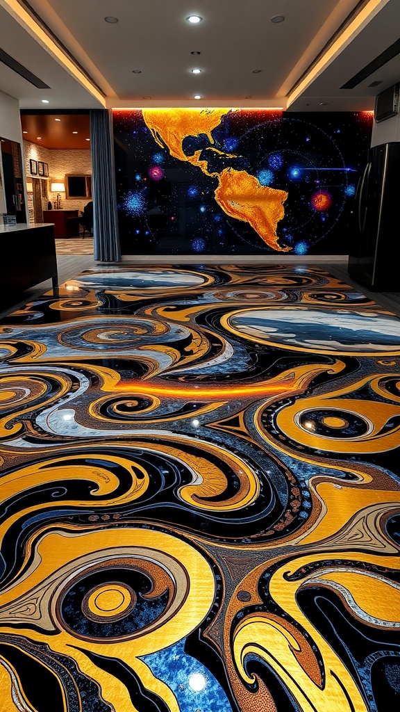 A beautifully designed epoxy floor with swirling patterns and vibrant colors, inspired by cultural heritage.
