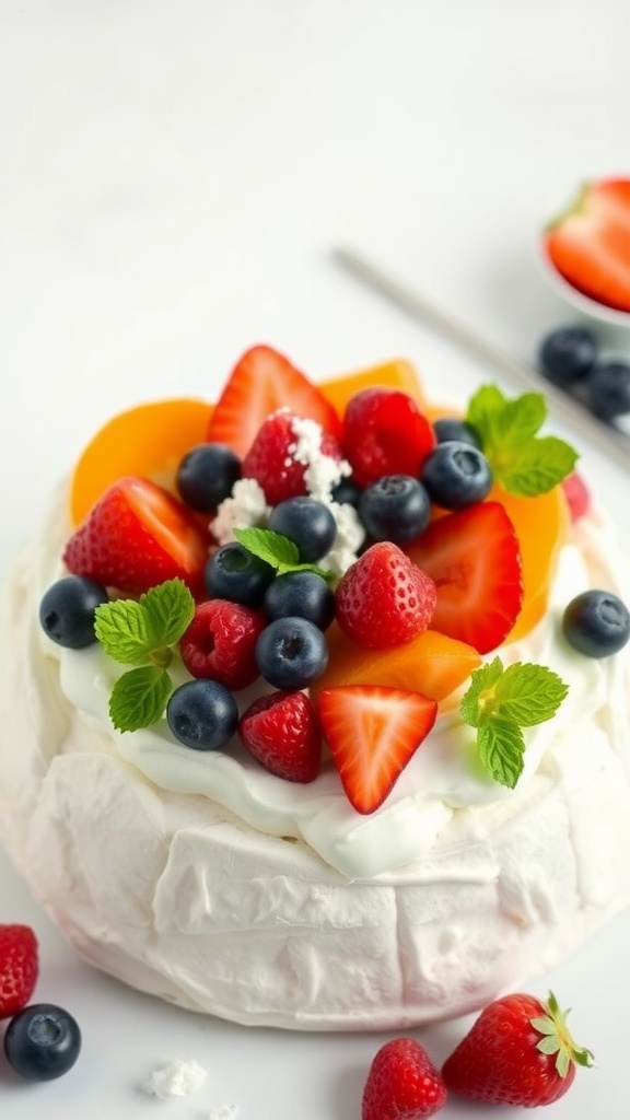 A beautifully arranged Pavlova topped with fresh fruits and mint.
