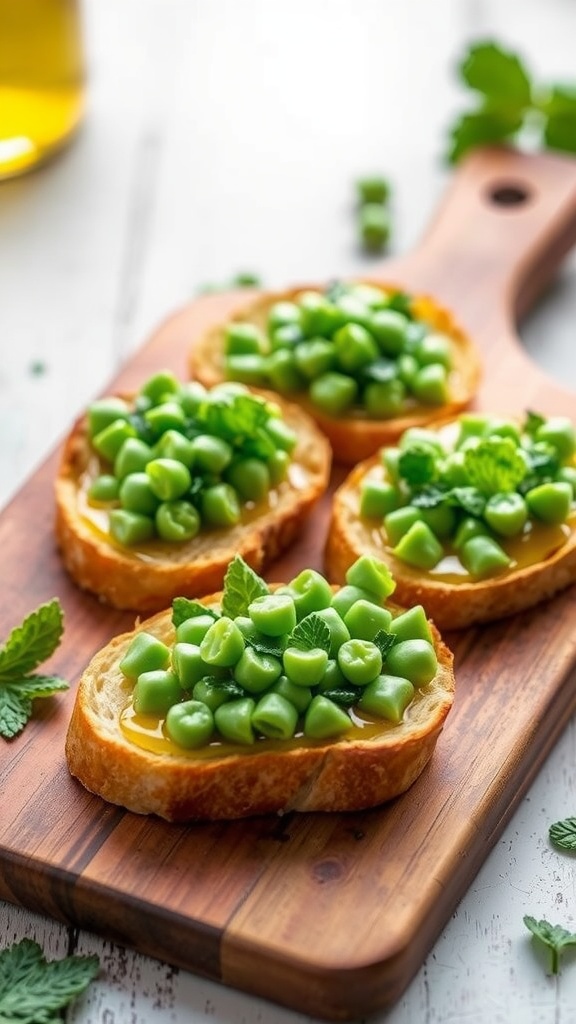 Pea and Mint Bruschetta on a wooden cutting board