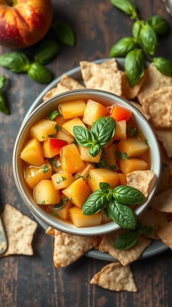 A bowl of peach and basil salsa with tortilla chips