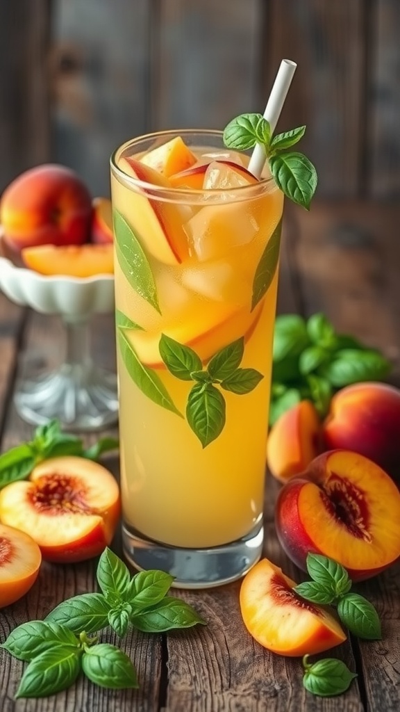 A refreshing glass of peach basil lemonade garnished with basil leaves and peach slices.