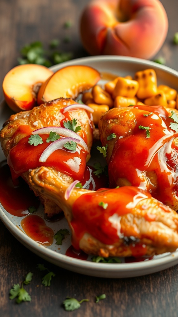 A delicious plate of peach BBQ chicken garnished with cilantro and served with peach slices.
