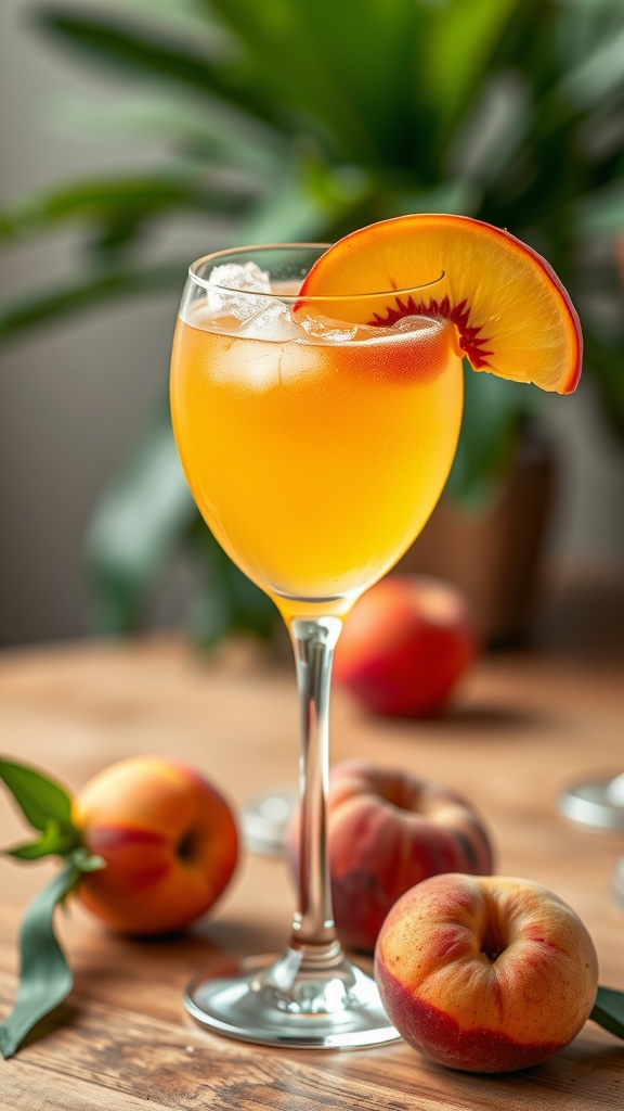 A refreshing Peach Bellini cocktail in a glass, garnished with a peach slice.