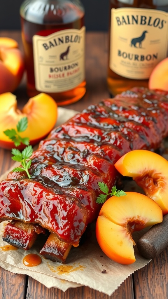 Deliciously glazed BBQ ribs with peaches and bourbon