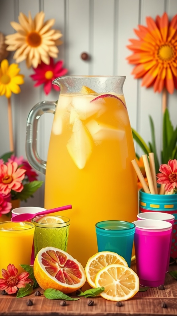 Pitcher of peach lemonade with glasses and garnishes