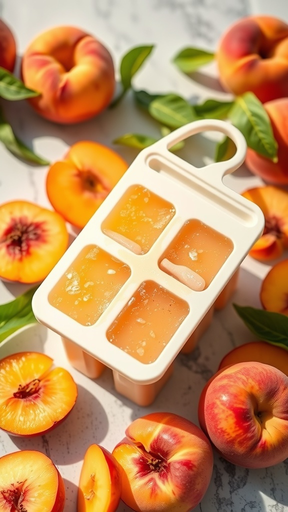 Homemade peach lemonade popsicles in a mold surrounded by fresh peaches.