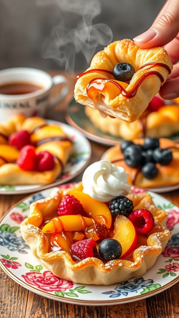A beautifully arranged Peach Melba Puff Pastry Tart topped with fresh fruits and whipped cream.