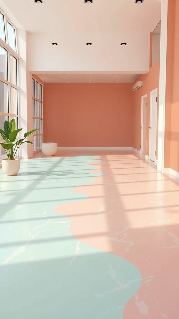 Epoxy floor in peach pink and mint green layout with large windows and plant