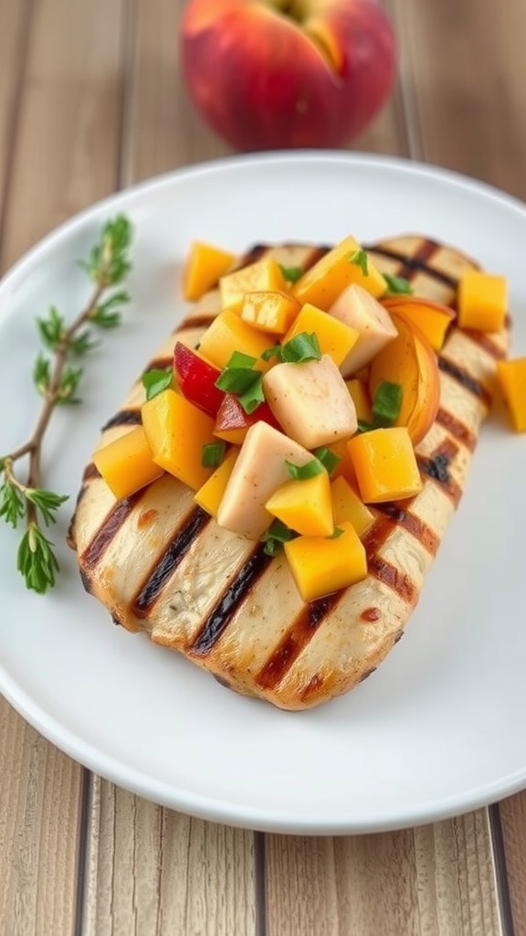 Grilled chicken topped with peach salsa, garnished with fresh herbs.