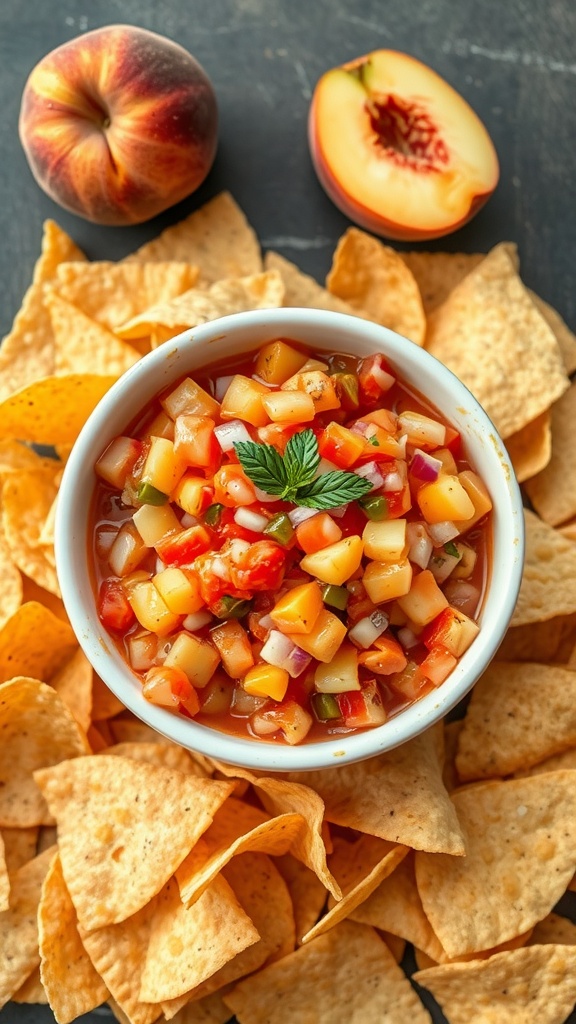 A bowl of peach salsa surrounded by tortilla chips