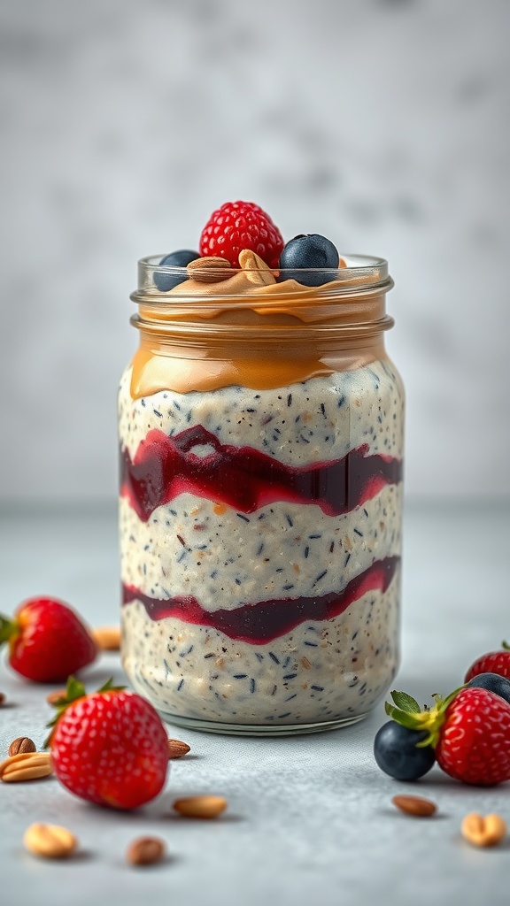 A jar of peanut butter and jelly overnight oats topped with fresh berries and nuts.