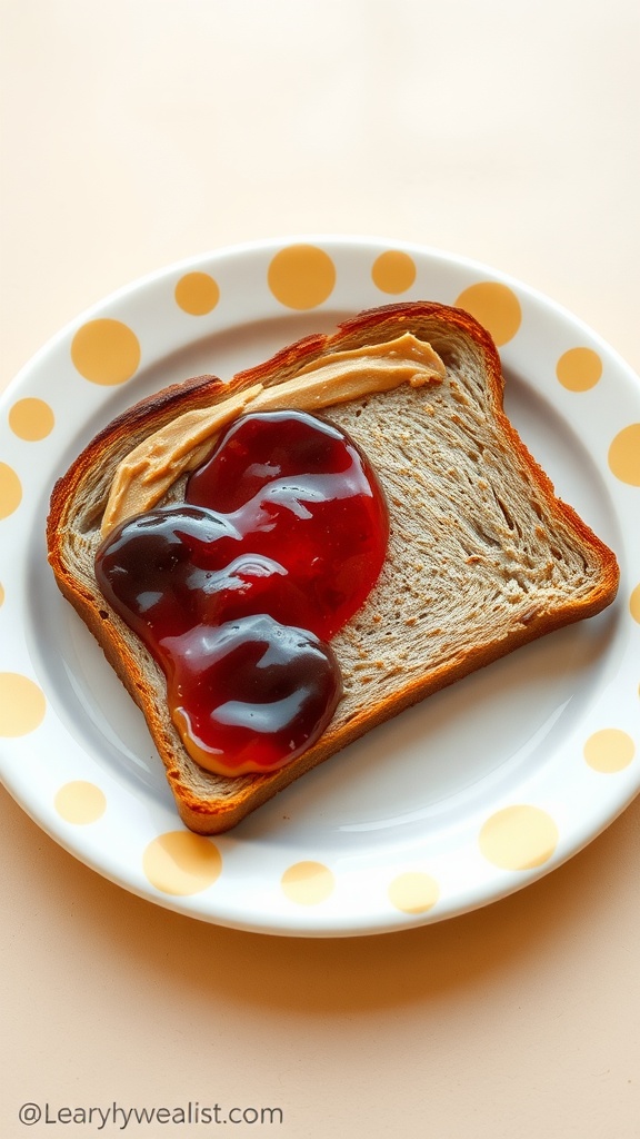 A slice of bread with peanut butter and jelly spread on it.