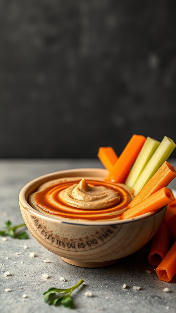 A bowl of peanut butter and soy sauce dip surrounded by carrot and celery sticks.