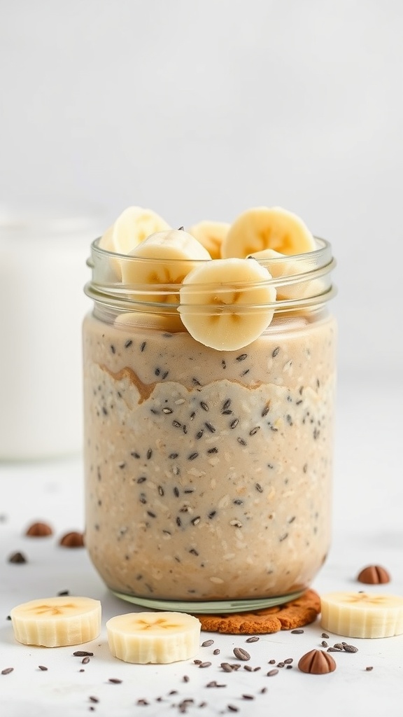 A jar of Peanut Butter Banana Overnight Oats with banana slices on top
