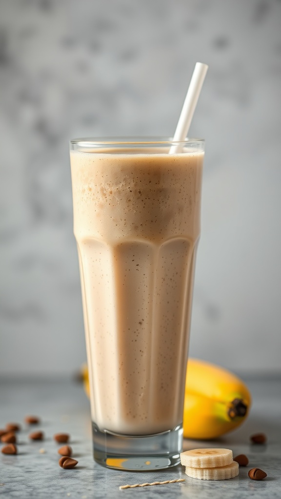 A creamy peanut butter banana smoothie served in a tall glass with a straw.