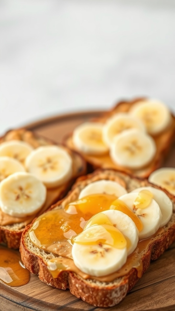 Peanut butter banana toast on wooden plate