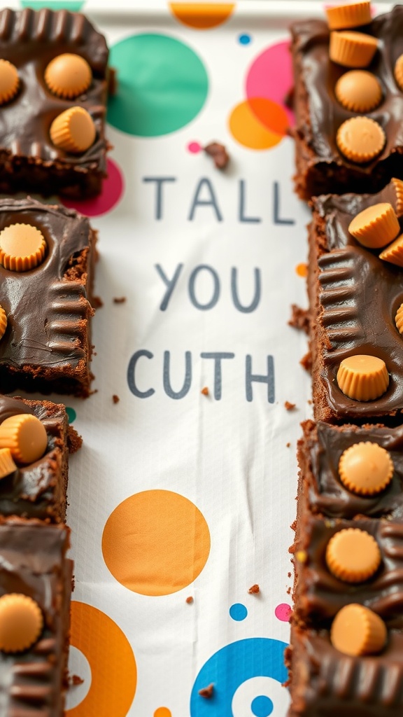 Delicious peanut butter cup brownies with chocolate frosting and peanut butter cup toppings.