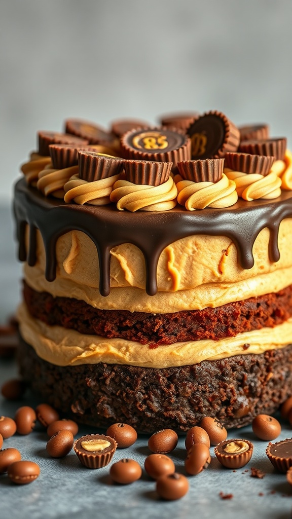 Peanut Butter Cup Cake with layers of chocolate cake and peanut butter frosting topped with chocolate drizzle and peanut butter cups
