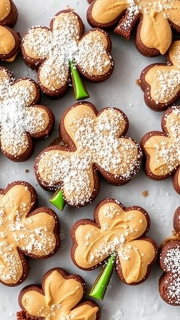 Delicious peanut butter cup shamrock brownies decorated for St. Patrick's Day.